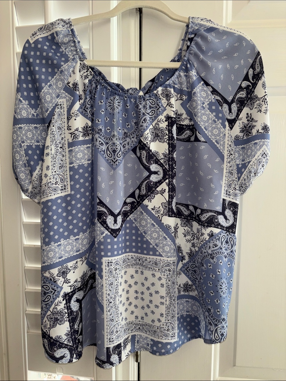 Pleione Blue and White Patchwork Paisley Peasant Blouse XL